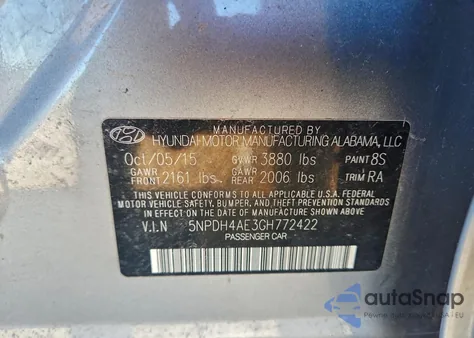 2016 Hyundai Elantra Se из США, поврежденный, VIN 5NPDH4AE3GH772422